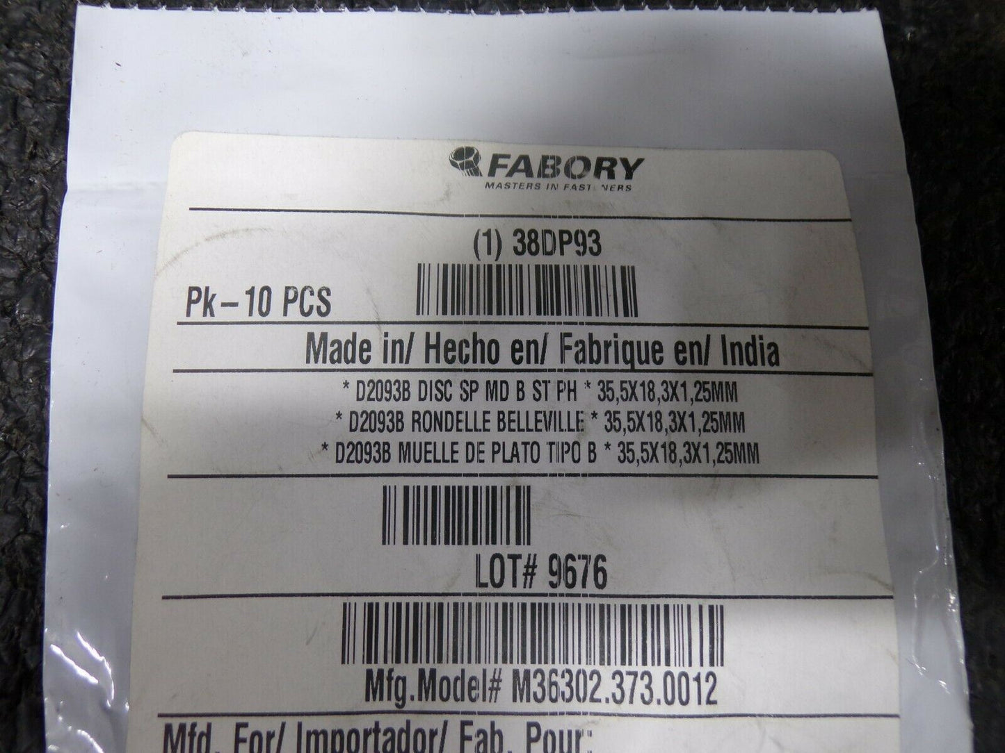 FABORY Disc Springs, B(Med), 35.5 x 18.3 x 1.25mm, PK10 (183850834730-NBT33)