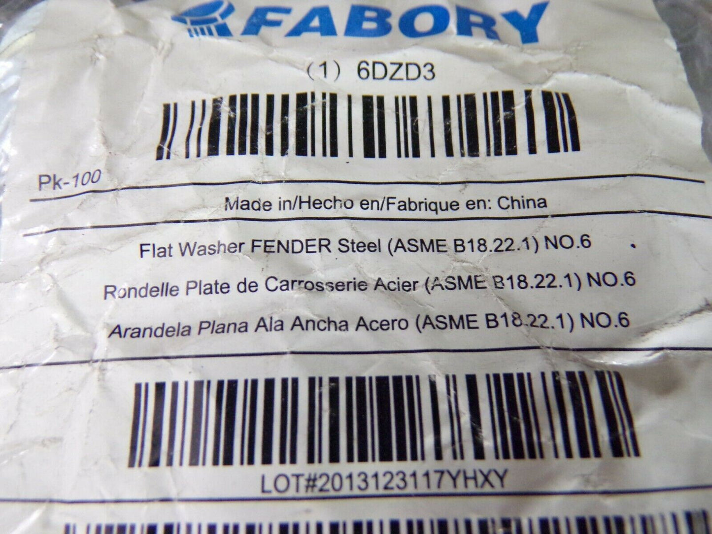 Fabory No. 6 Fender Washer Zinc Plated Steel 100pk (183851956597-NBT32)