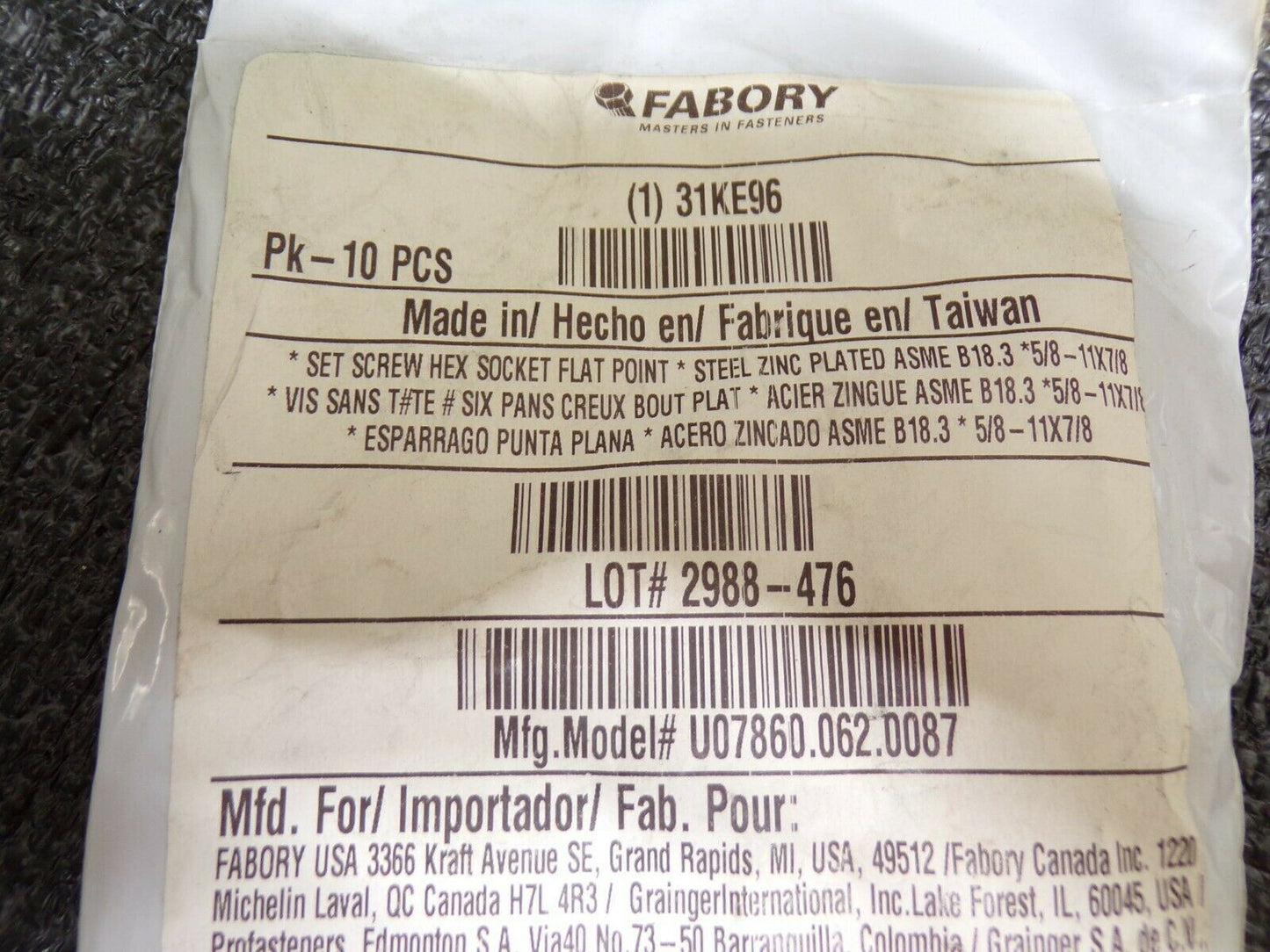 FABORY Set Screw, Zinc P, 5/8-11, Flat, 7/8in, PK10, 31KE96 (183853577283-NBT31)