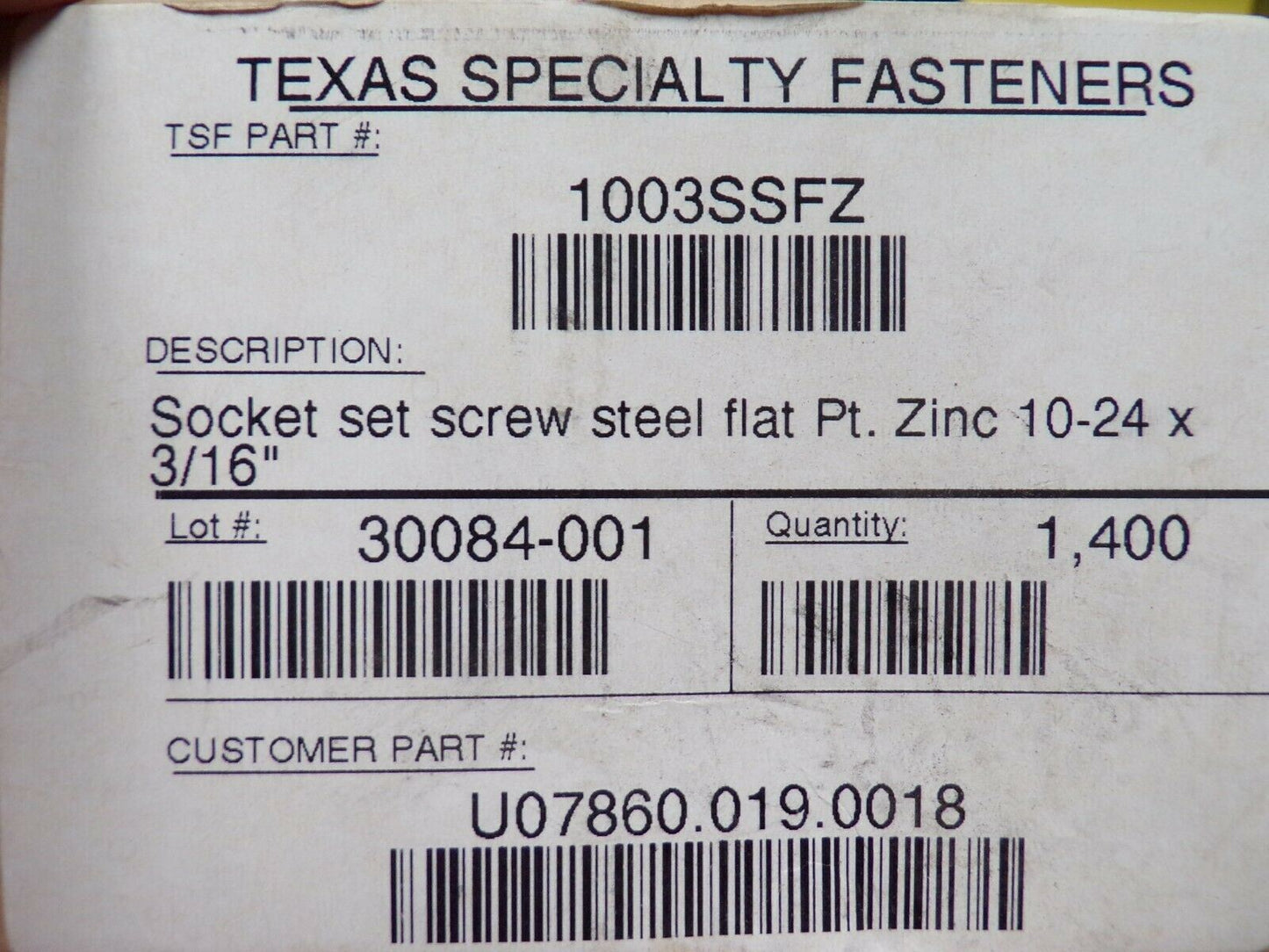 (1400) 10-24 X 3/16", Socket Set Screw, Steel, Flat Pt. Zinc, (183903254109-NBT24)