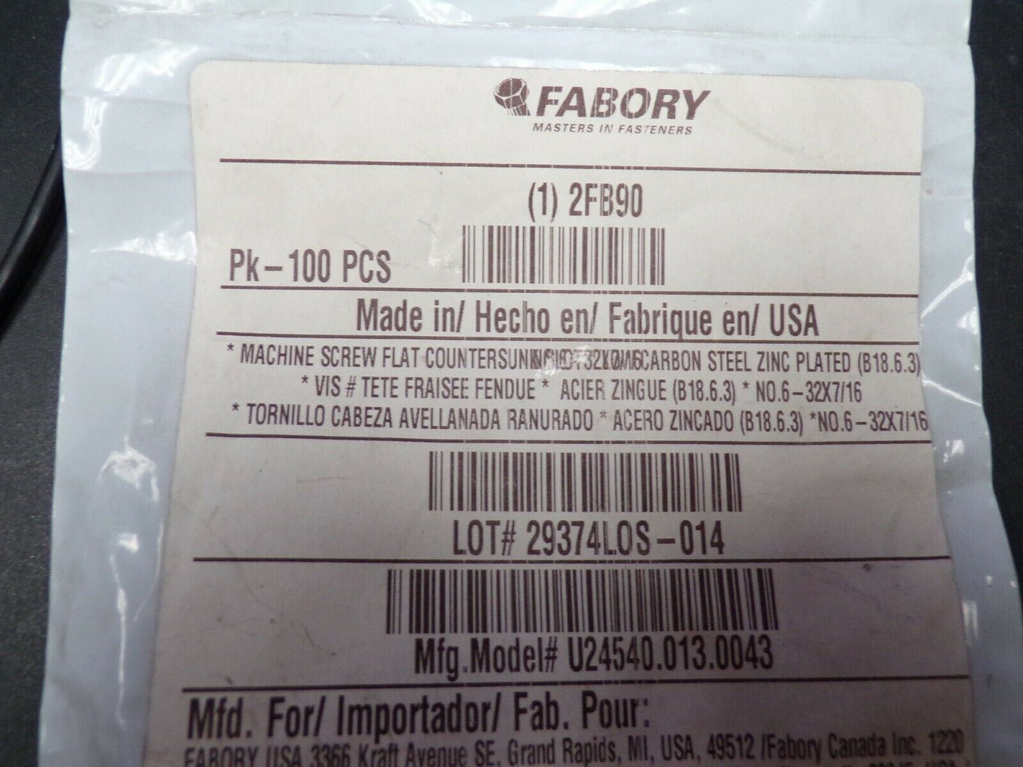 FABORY #6-32 x 7/16" Flat Head Slotted Machine Screw, 100 pk. (183903311617-NBT24)