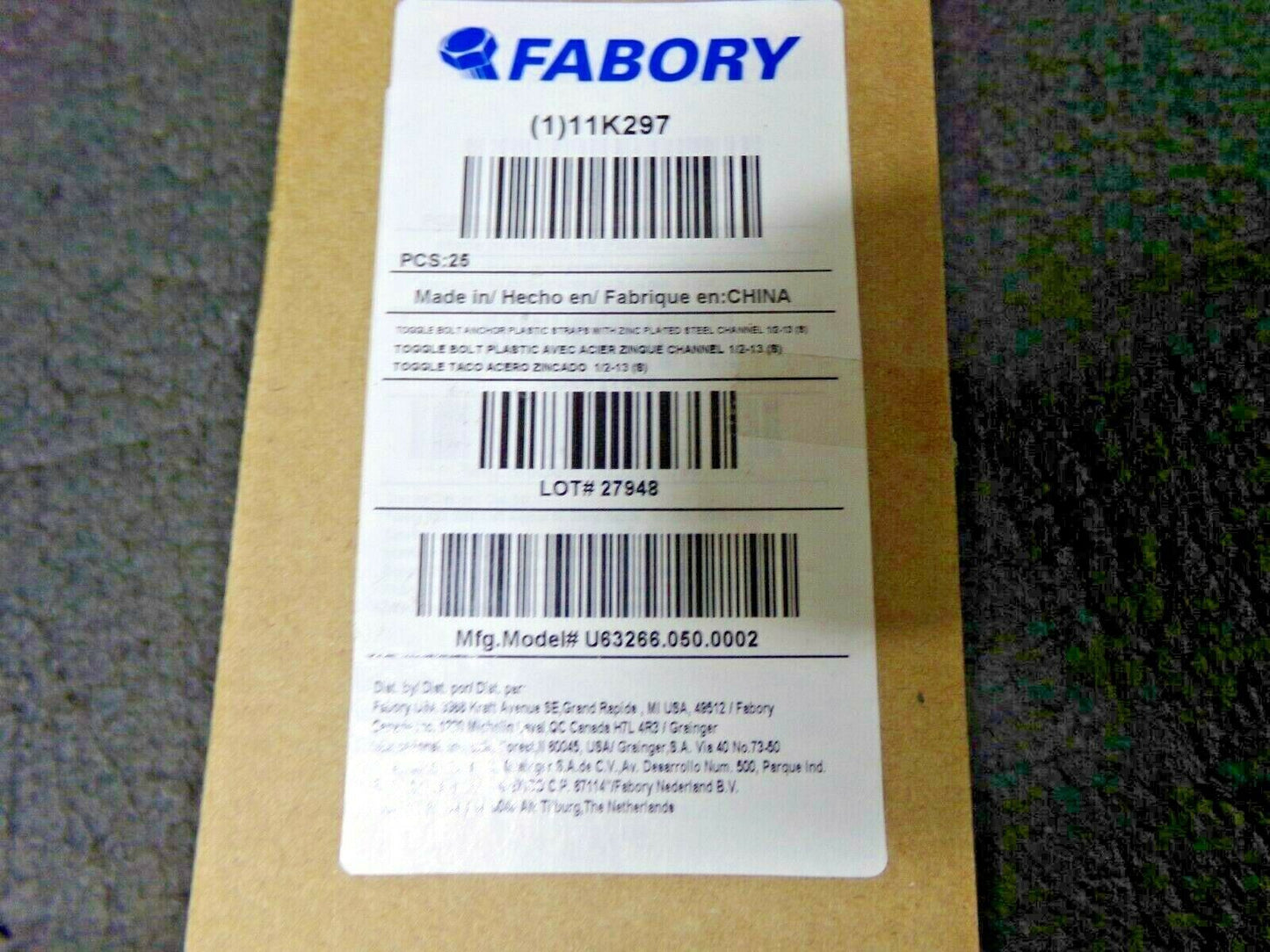 FABORY Steel Channel Toggle Anchor, 1/2"-13 Anchor Thread Size, 25 PK (183962719092-NBT26)