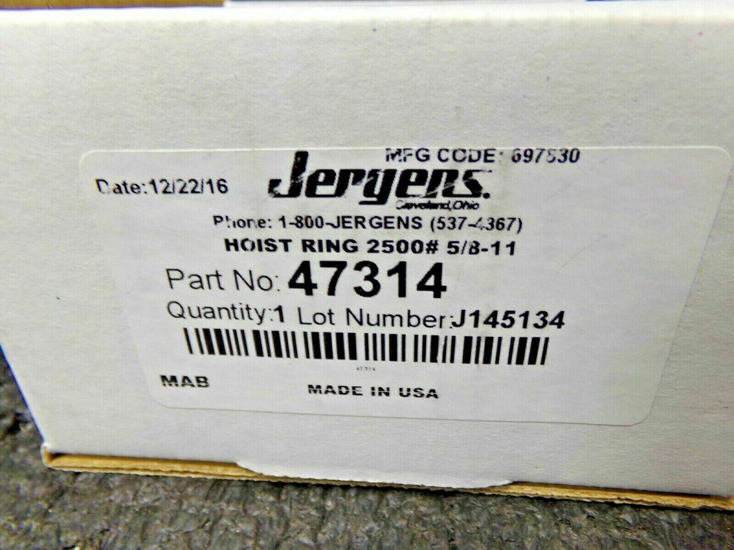 Jergens 2,500# Load Limit, Steel Side Pull Hoist 5/8-11 thread 3" RING (184008611539-WTA03)