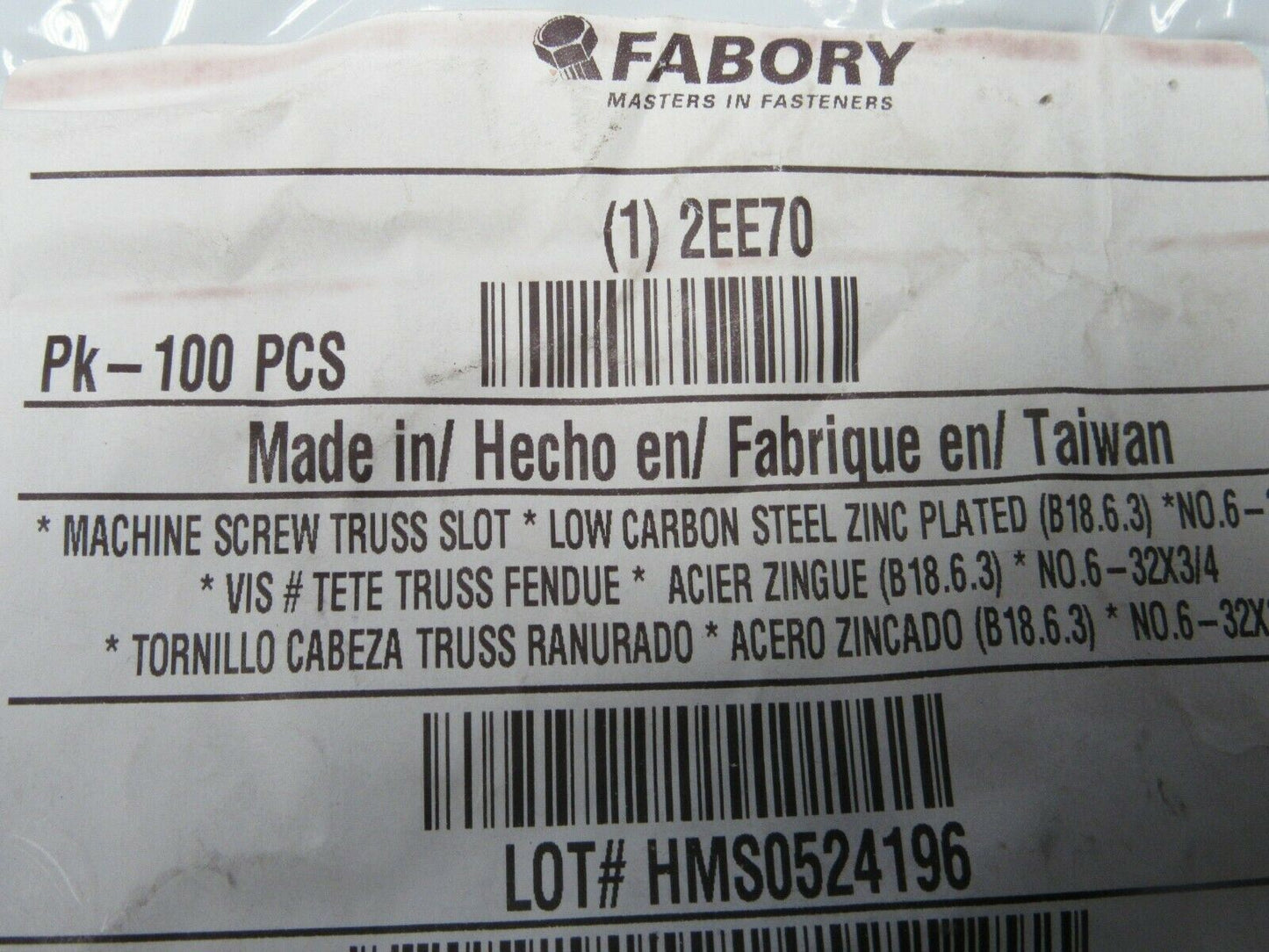 (100) FABORY #6-32 X 3/4" Machine Screw, Truss, Slotted, Carbon Steel, ZP, (184238353130-BT38)