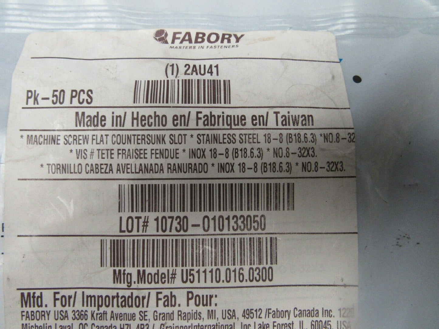 (50) FABORY #8-32 X 3" Machine Screw, Flat, Slotted, 18-8 Stainless Steel, Plain (184238510388-BT40)