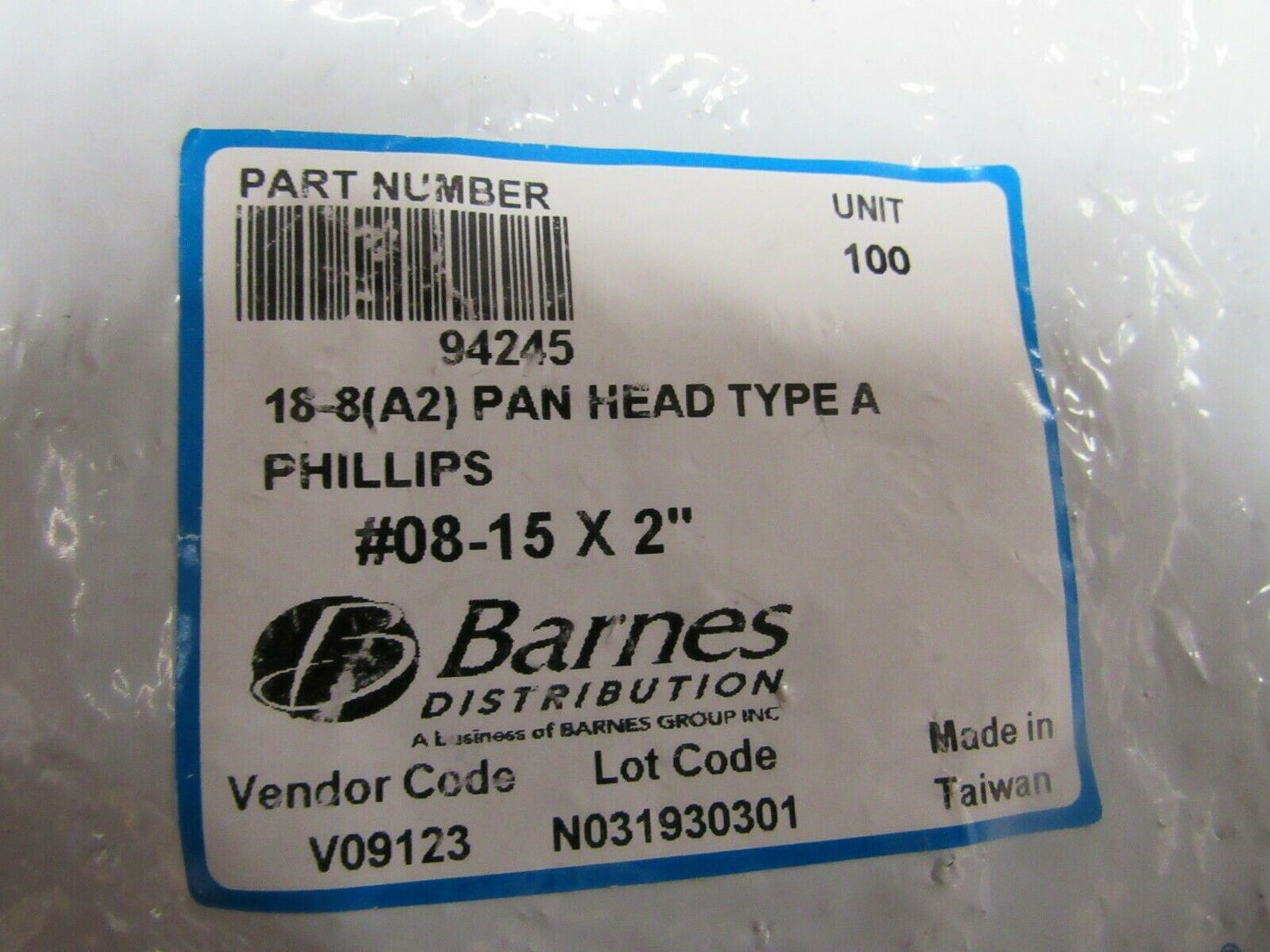 (100) #8-15 X 2 18-8 Pan Head Type A Phillips Sheet Metal Screw (184261209139-BT36)