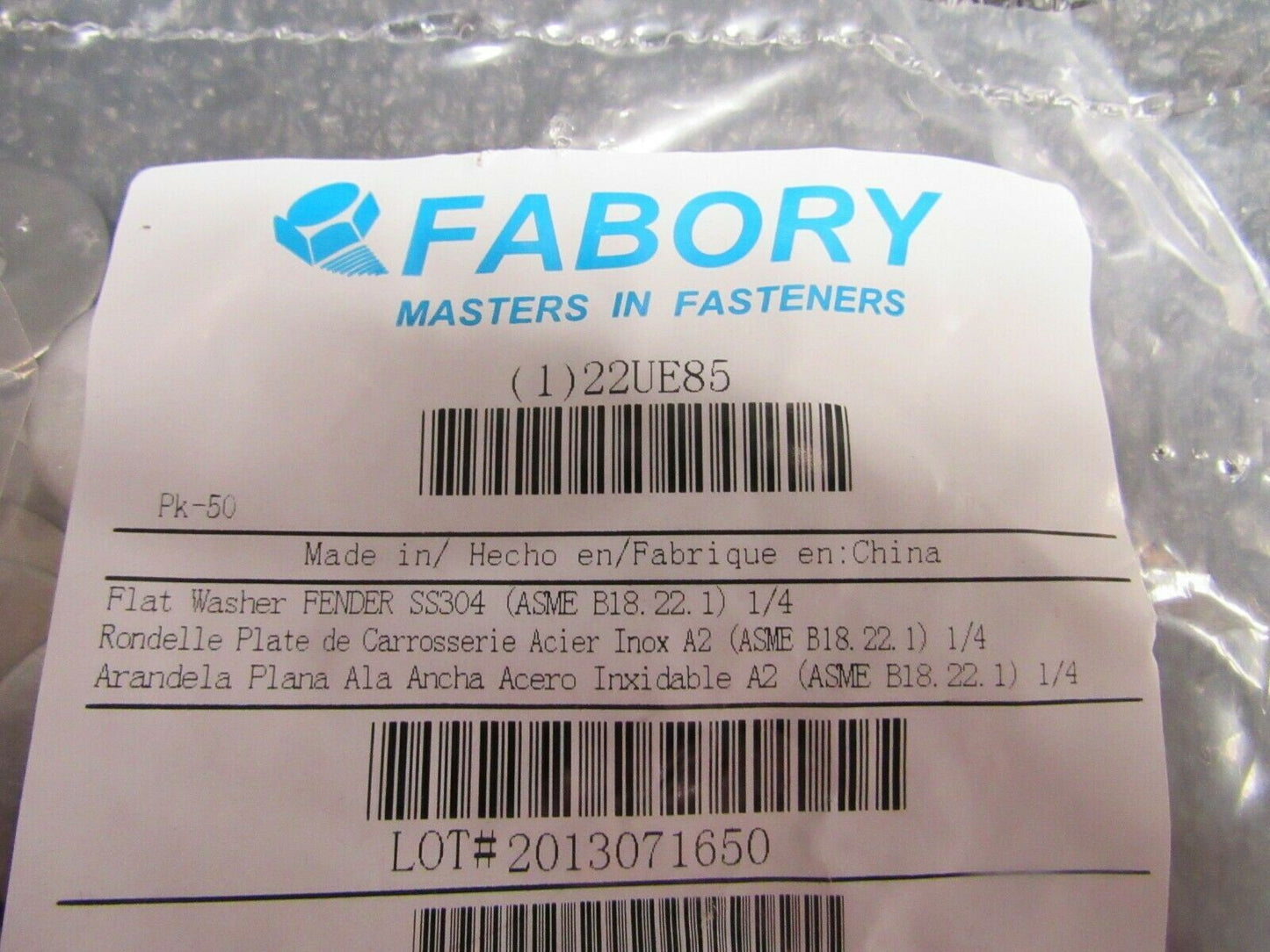 (100) FABORY 1/4"x1" O.D., Fender Washer, Stainless Steel, 18-8, Plain, (184263636068-BT42)