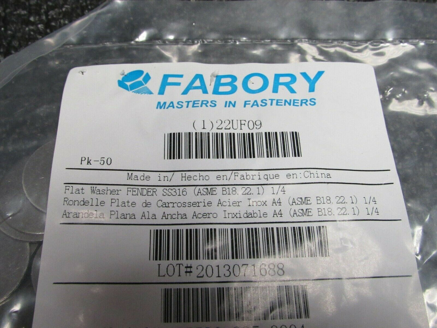 (100) FABORY 1/4"x1" O.D., Fender Washer, Stainless Steel, 316, Plain, (184263670727-BT42)