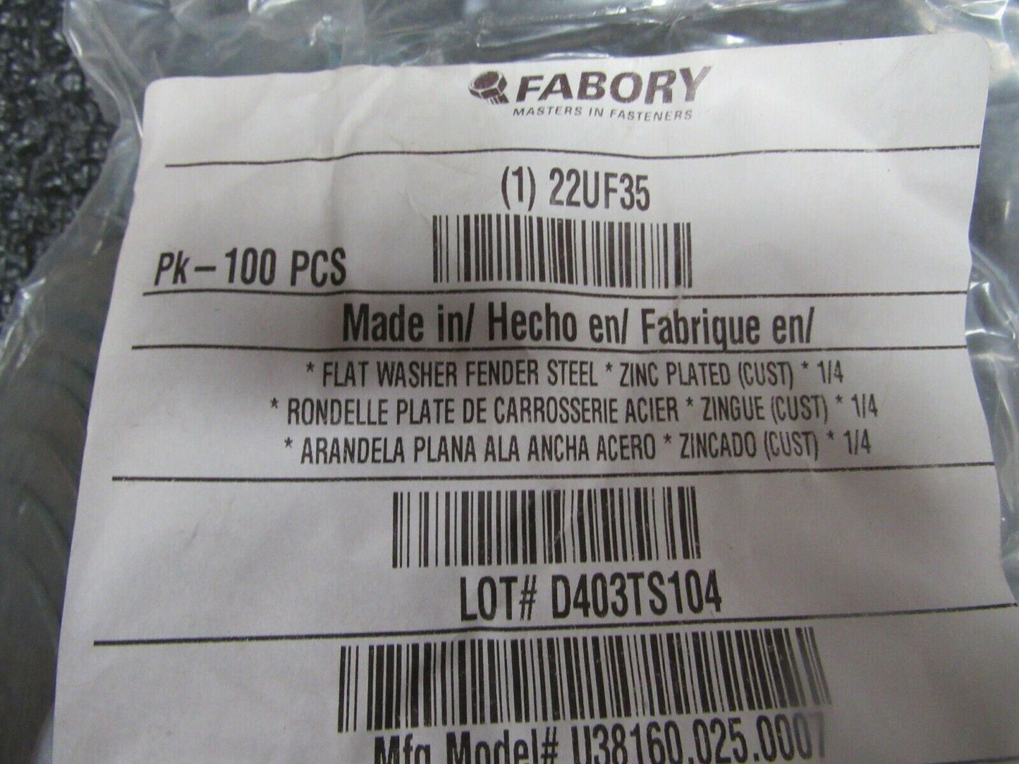 (100) FABORY 1/4" x 1-1/2" O.D., Fender Washer, Steel, Zinc Plated, (184263747804-BT39)