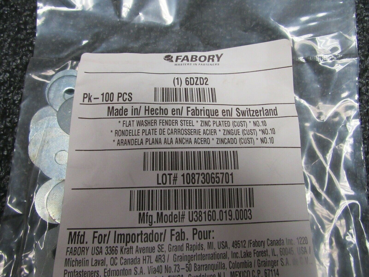 (100)FABORY #10 x 3/4" O.D., Fender Washer, Steel, Low Carbon, Zinc Plated, (184263782487-BT39)