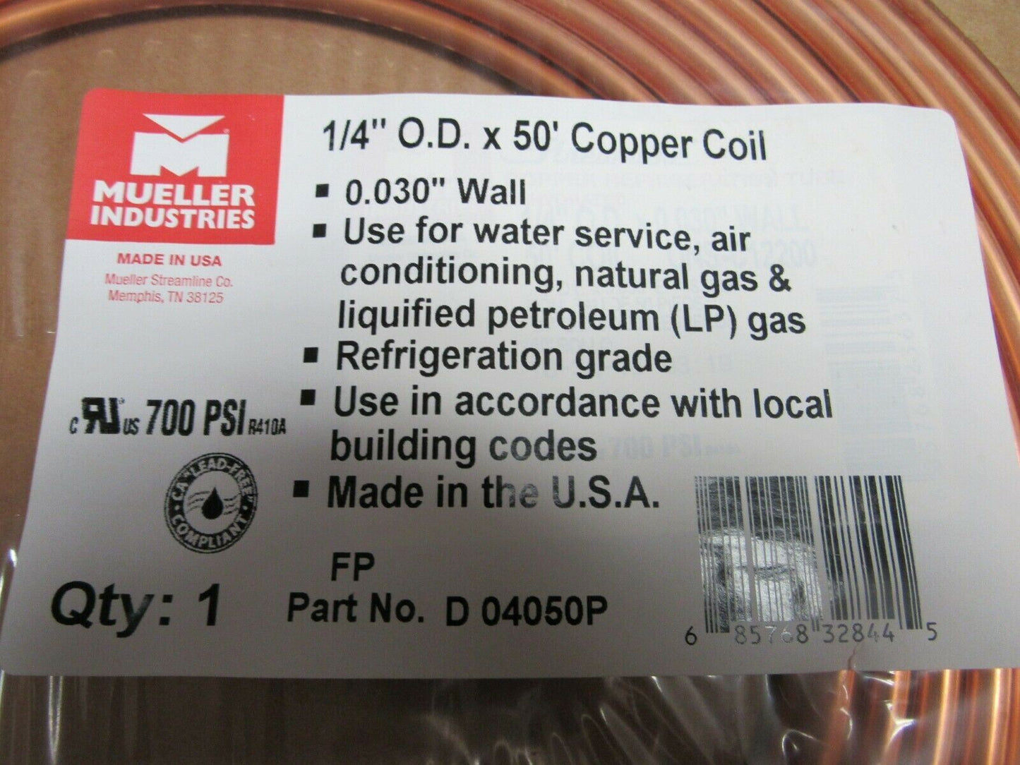 MUELLER INDUSTRIES 50 ft. Soft Coil Copper Tubing, 1/4" OD, 653R (184283140931-BT44)