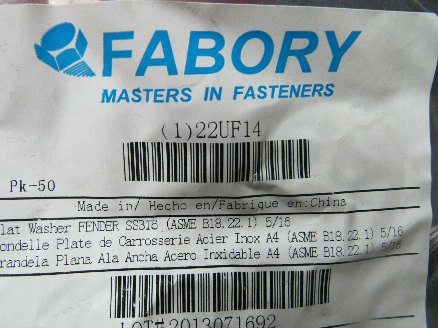 (50) FABORY 5/16"x1-1/4" O.D., Fender Washer, 316 Stainless Steel, 22UF14 (184290831793-BT53)