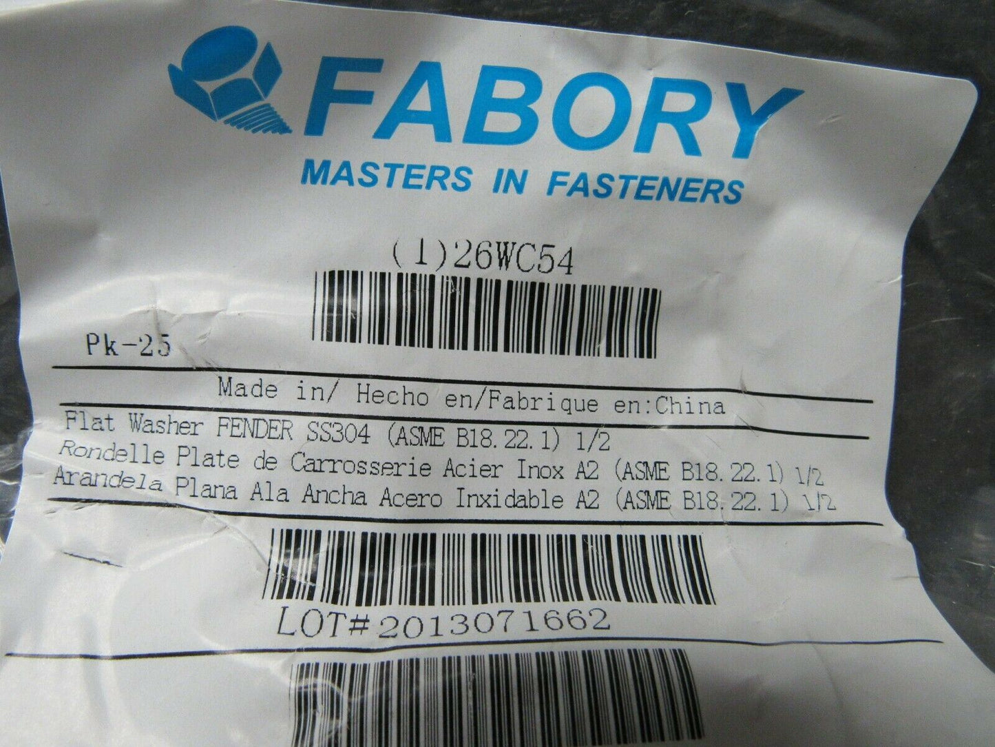 (25) FABORY 1/2" x 2" O.D. Fender Washer, Stainless Steel, 18-8, Plain, 26WC54 (184290861588-BT53)