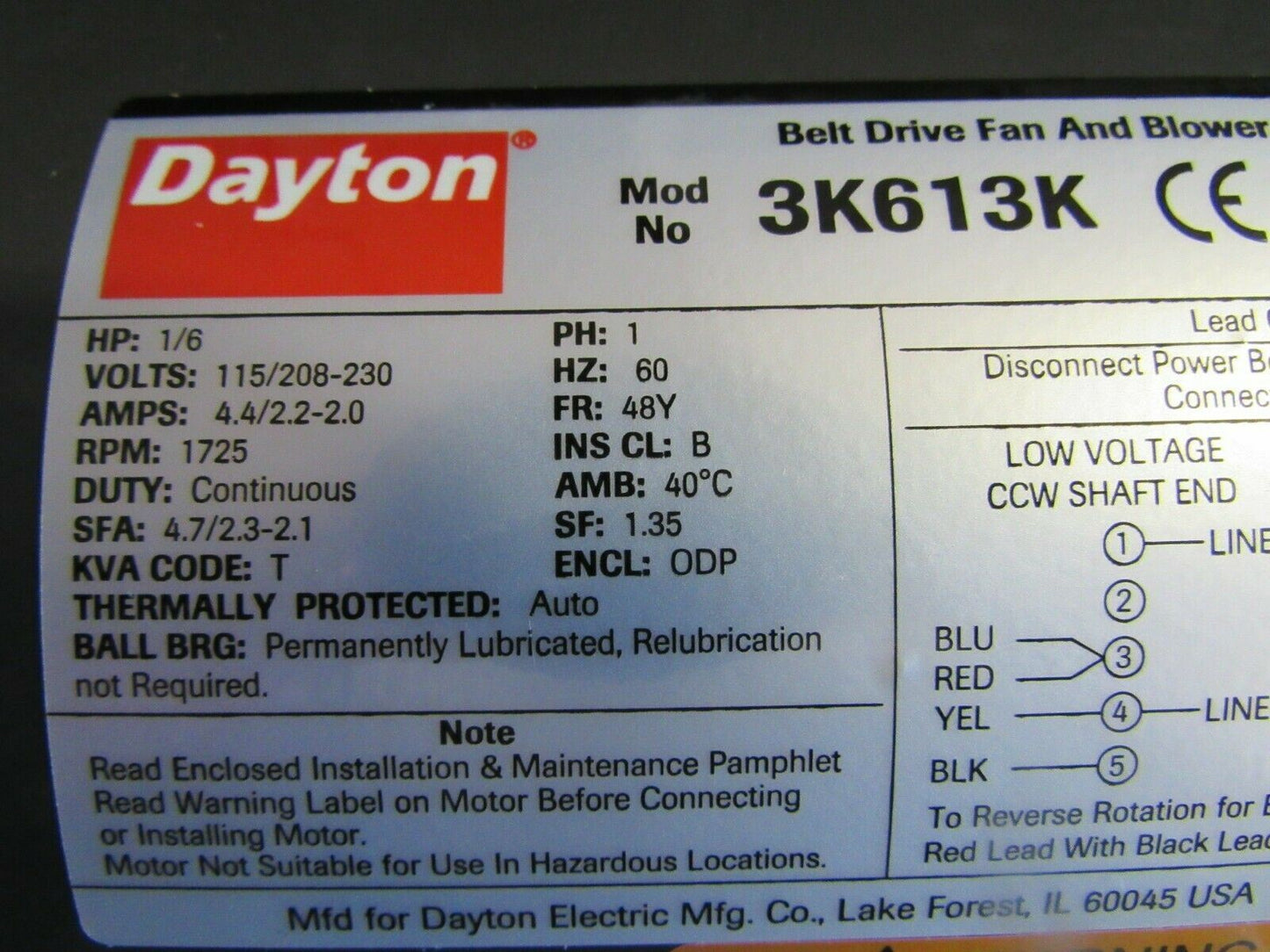 DAYTON 3K613 Motor, 1/6 HP, 1725 RPM, 115/208-230 V (184396519938-BT08)