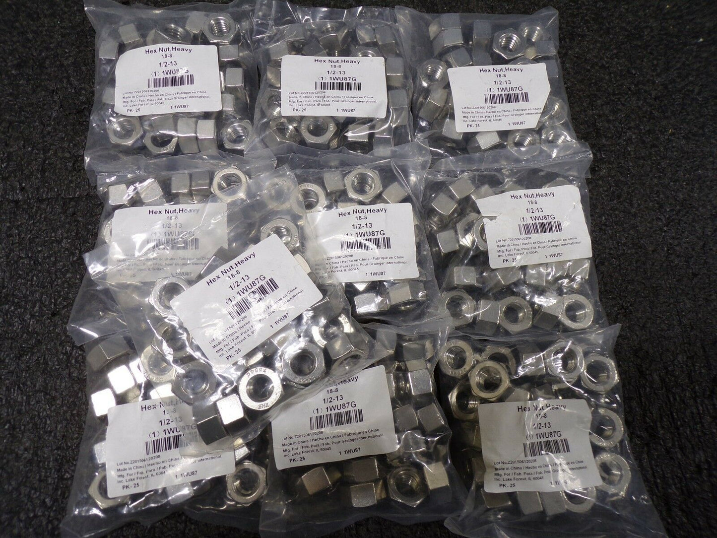 1/2"-13, Heavy Hex Nut, Stainless Steel 18-8,  1WU87 (10 Packs of 25) QTY-250 (183352249020-WTA10)