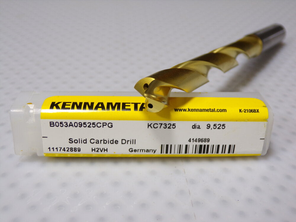 Kennametal 9.525mm 140° Spiral Flute Solid Carbide Screw Machine Drill Bit, Coolant Through (SQ6283650-WT14)