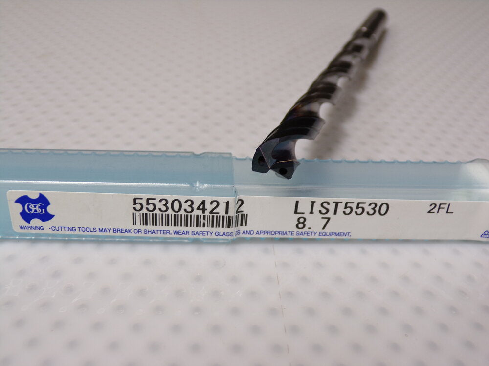 OSG 8.7mm 140° 2-Flute Solid Carbide Extra Length Drill Bit, Coolant Through (SQ3145439-WT14)