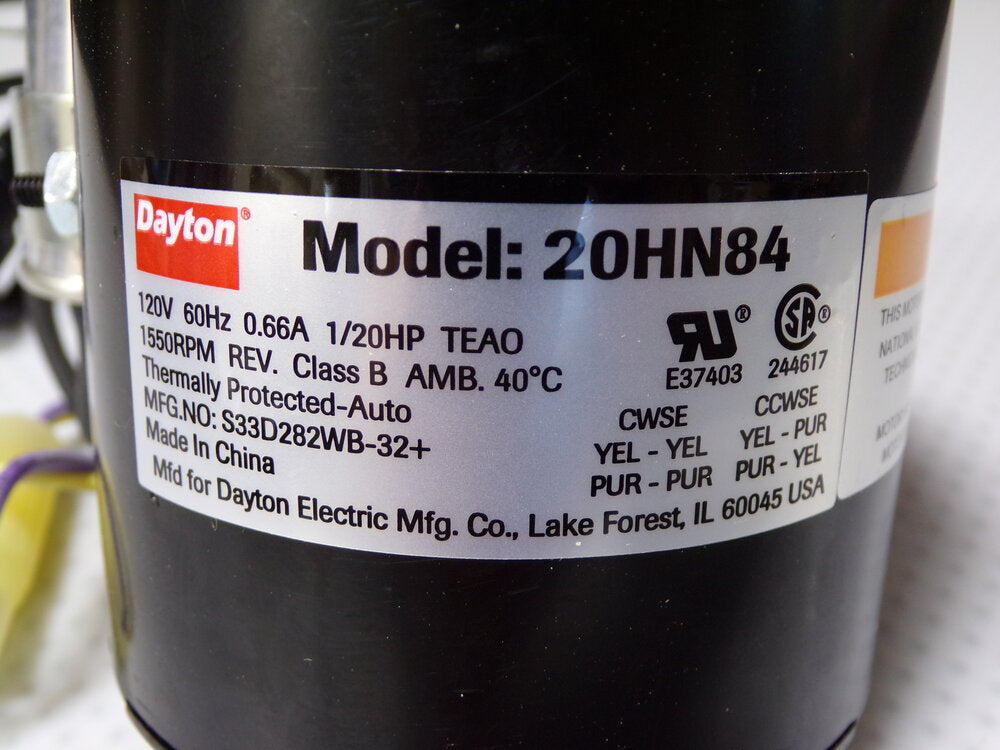 DAYTON 1/20 HP, HVAC Motor, Permanent Split Capacitor, 1550 Nameplate RPM, 120 V., Frame 3.3, 20HN84 (SQ0823809-WT10)