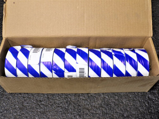 12pk, PRESCO PRODUCTS CO Flagging Tape, Blue/White, 1-3/8" x 300 ft., Diagonal Stripes (SQ7612668-WT07)