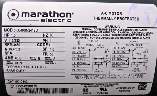 MARATHON MOTORS 1-1/2 HP General Purpose, Capacitor-Start, 3450 Nameplate RPM, Voltage 115/230, Frame 56 (SQ1019969-WT35)