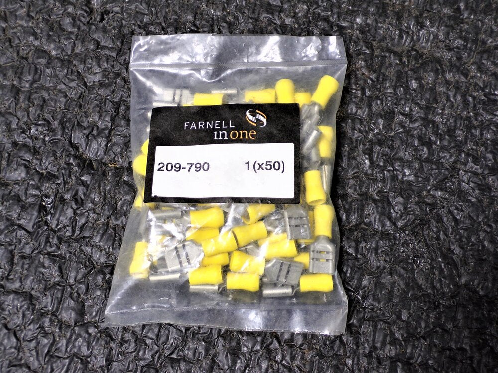 50pk, Farnell 209-790 Yellow Crimp Terminals, 3/8", 10 AWG. (SQ8456599-WT06)