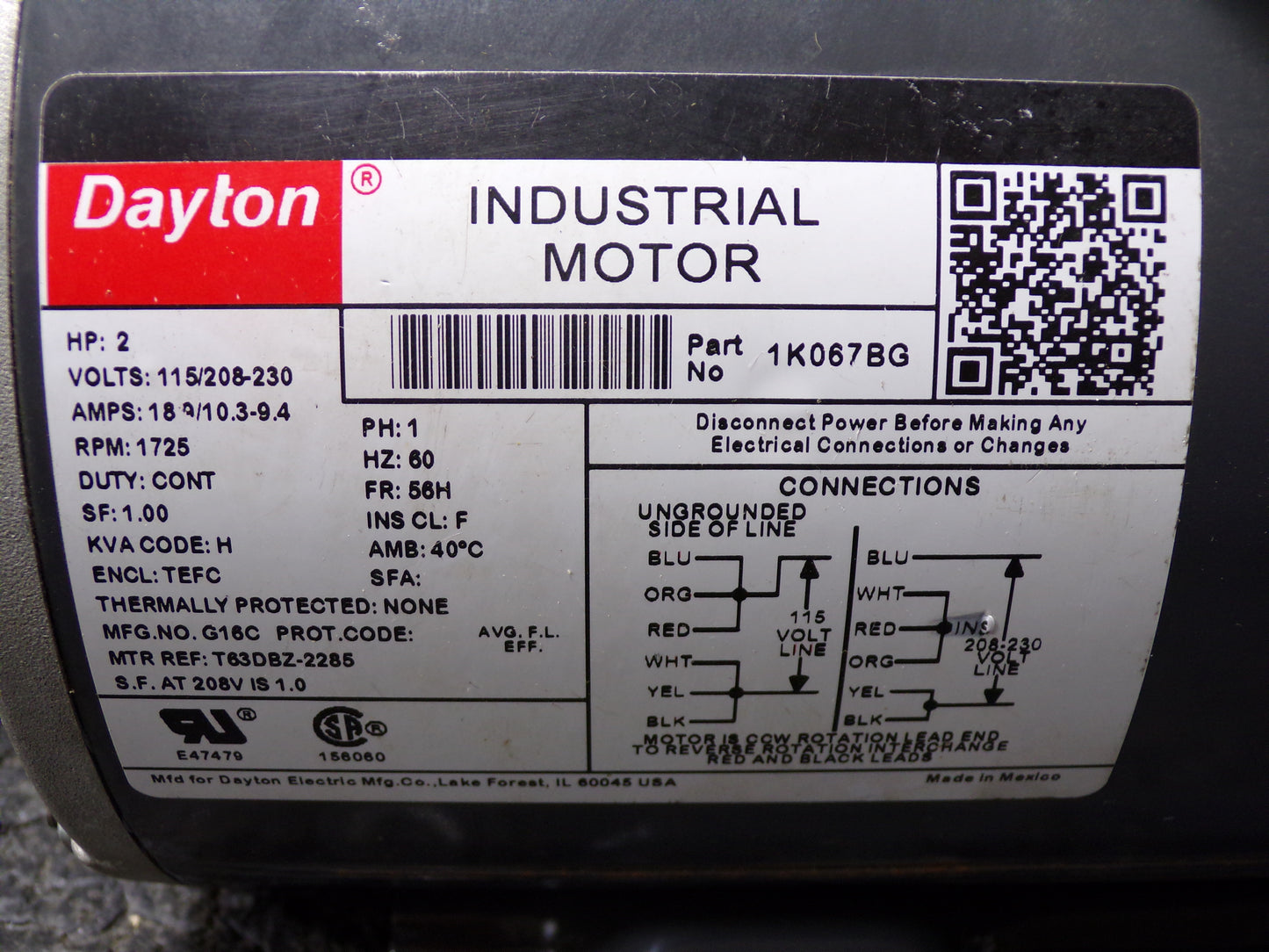DAYTON General Purpose Motor, 2 HP, Capacitor-Start/Run, Nameplate RPM 1,725, Voltage 115/208-230V AC, 1K067BG (CR00034-X05)