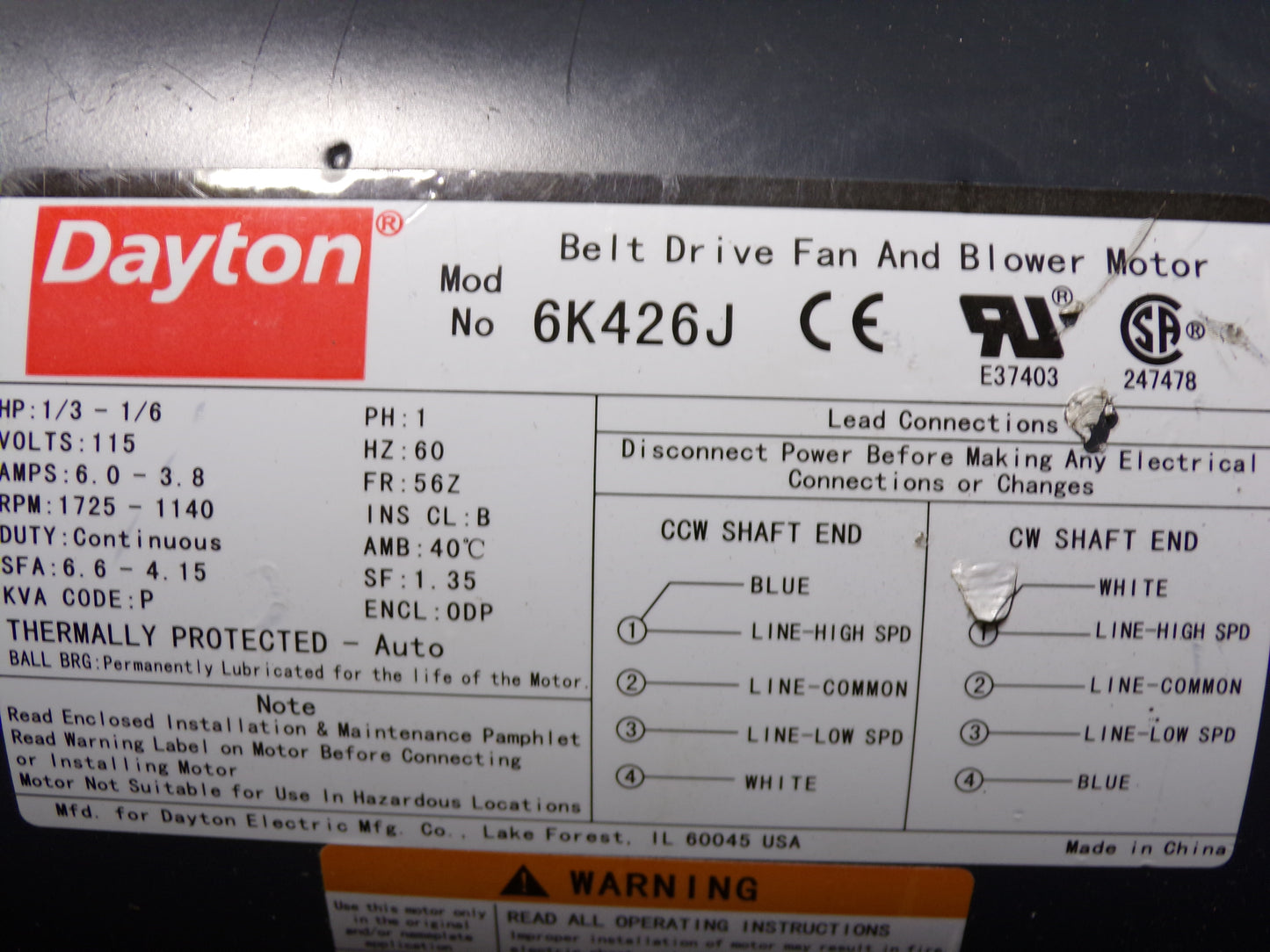 DAYTON Belt Drive Motor, 1/3, 1/6 HP, Split-Phase, Nameplate RPM 1,725/1,140, No. of Speeds 2 (CR00046-WT35)
