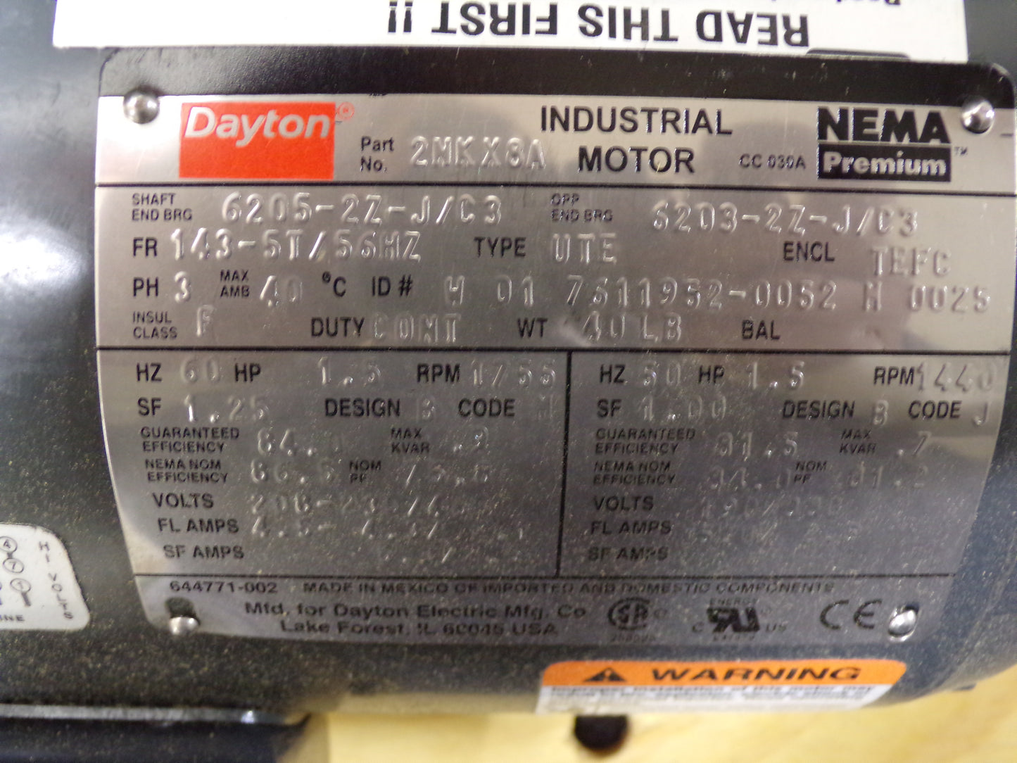 DAYTON General Purpose Motor, 1 1/2 HP, 3-Phase, Nameplate RPM 1,755, Voltage 208-230/460V AC (CR00048-WT35)