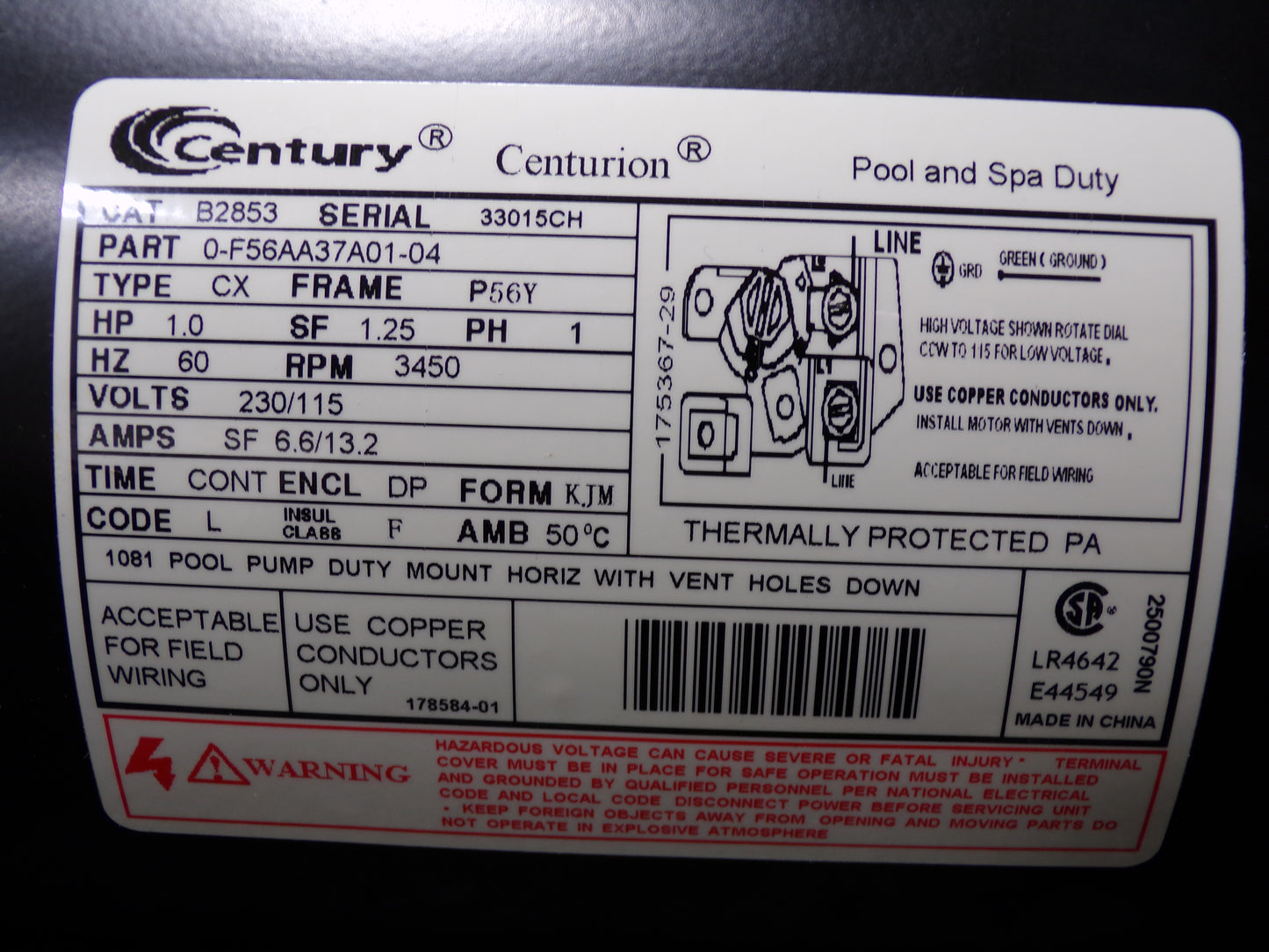 CENTURY Pool and Spa Pump Motor, 1 HP, Permanent Split Capacitor, Nameplate RPM 3,450, 56Y Frame (CR00049-WT35)
