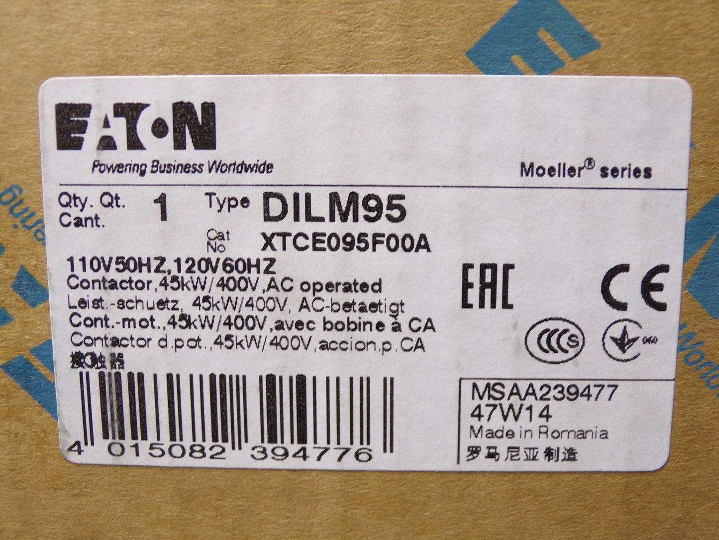Eaton Cutler-Hammer 3 Pole, 110 Coil VAC at 50 Hz and 120 Coil VAC at 60 Hz, 125 Amp, Nonreversible Open Enclosure IEC Contactor (CR00087-WT06)