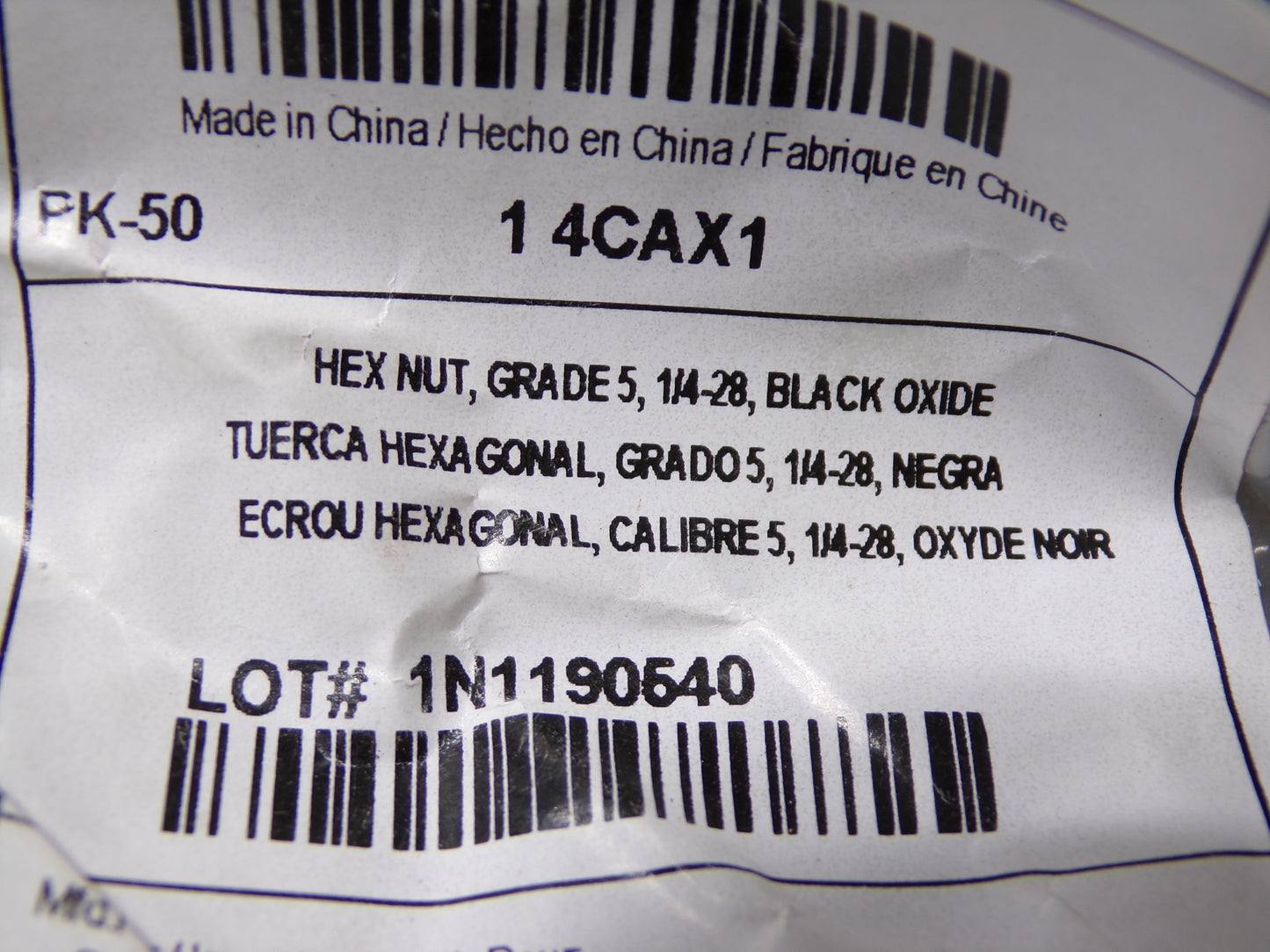 Hex Nut, Steel, Grade 5, Black Oxide, 1/4"-28 Dia./Thread Size, Right Hand, PK 50 (CR00154-BT25)