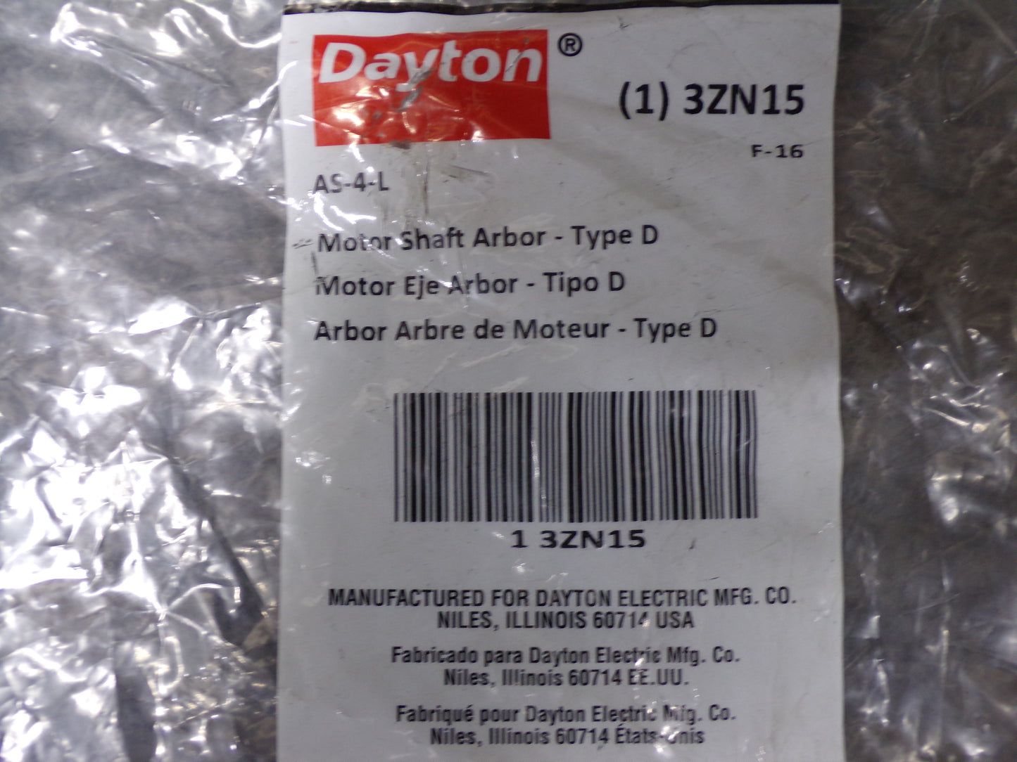 DAYTON Motor Shaft Arbor, 1/2-20rh, Type D (CR00220-BT27)