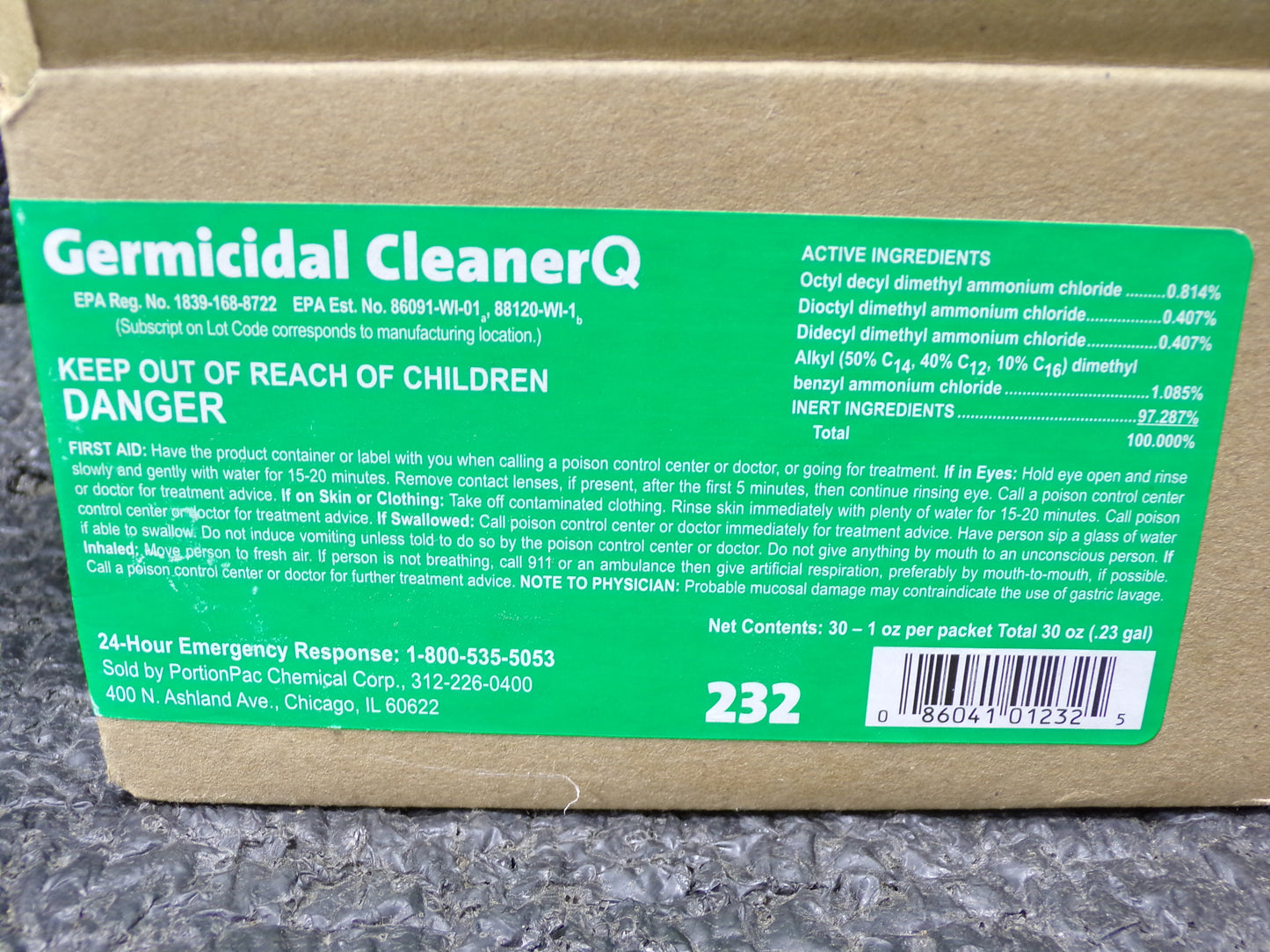 Portionpac 232 Germicidal Detergent, 30 pk, 1 oz. packets. (CR00268-X04)