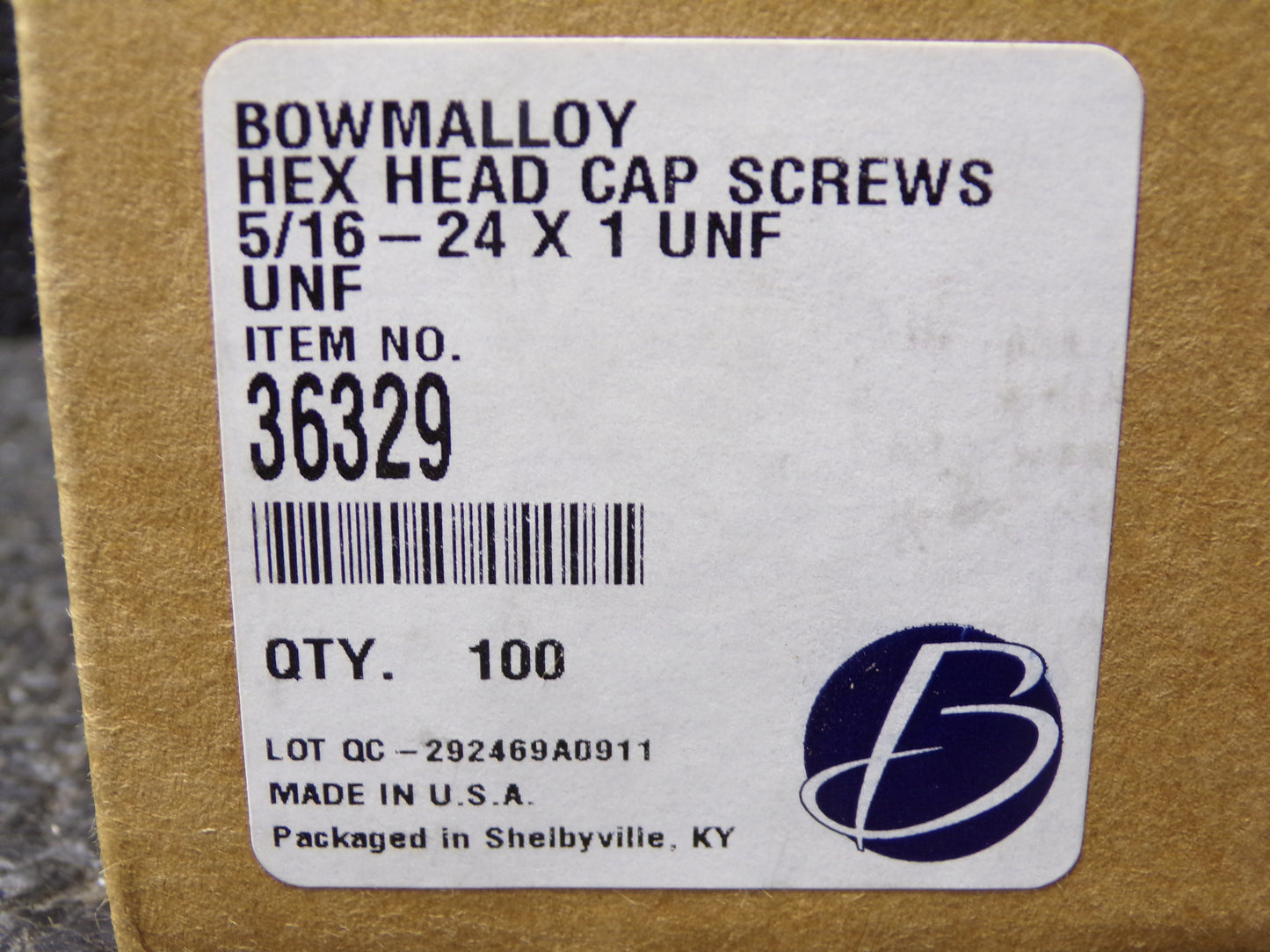 BOWMALLOY HEX HEAD CAP SCREW 5/16-24 X 1, CS, 100PK (CR00294-BT19)