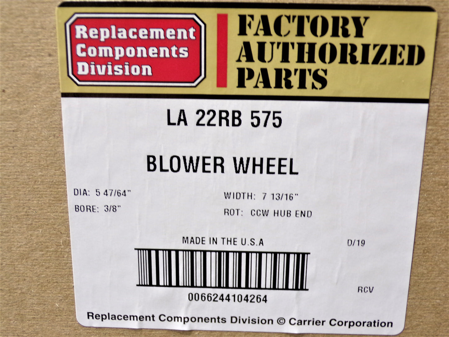Revcor Q575 Blower Wheel, 7-13/16" x 5-47/64", 3/8" Hub, LA22RB575 (CR00466-WTA11)