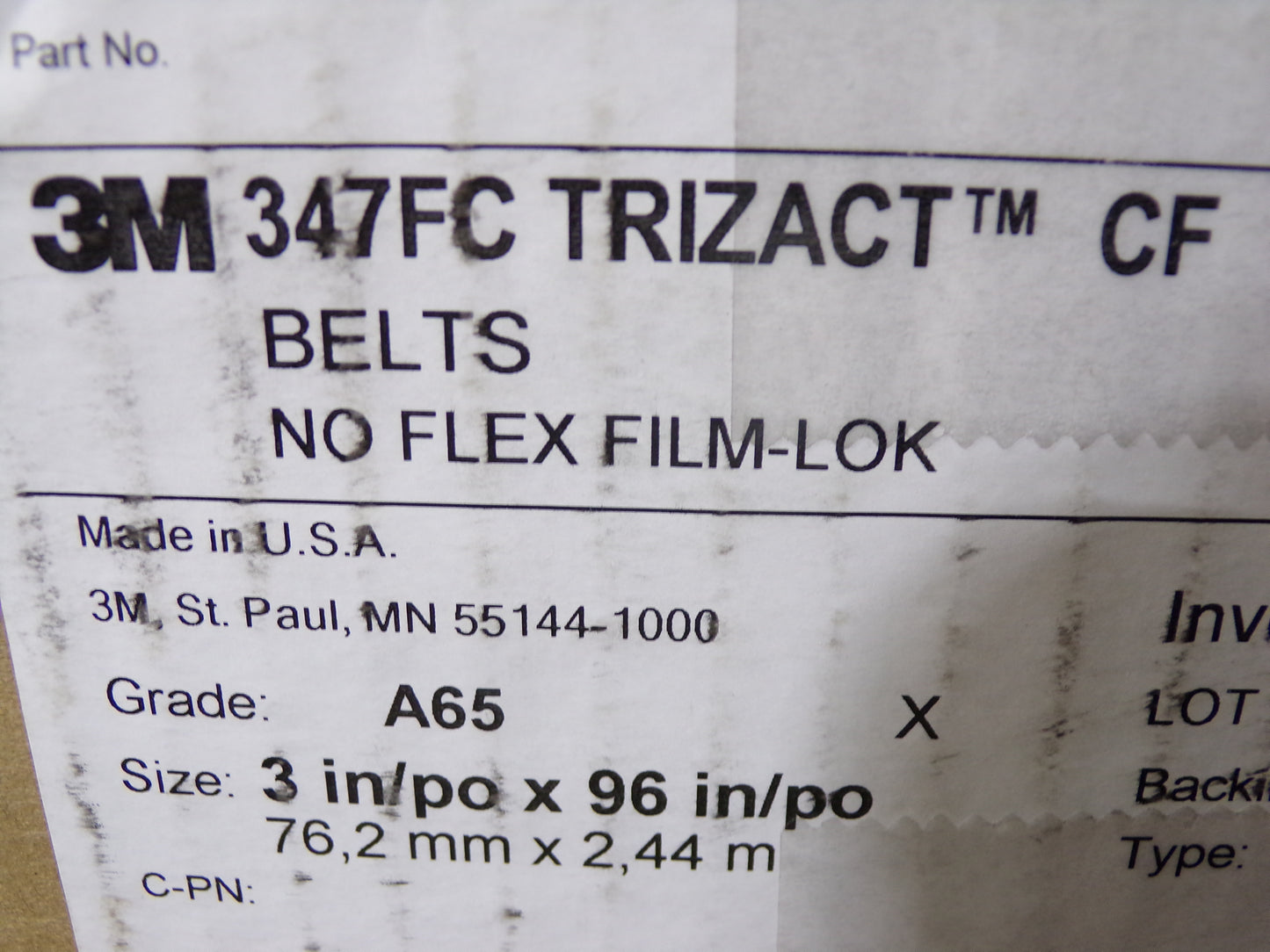 3M™ Trizact™ CF Cloth Belt 347FC, A65 Grade, 3" x 96", Sold As Single Belt (CR00498-WTA12)