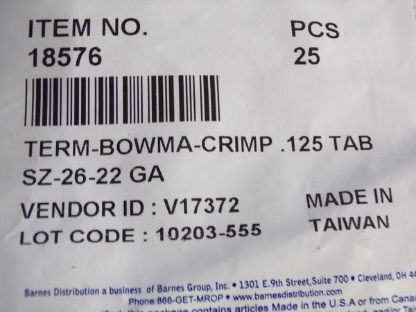 TERM-BOWMA-CRIMP .125 TAB SZ-26-22 GA, 25 pk (CR00526WTA14)