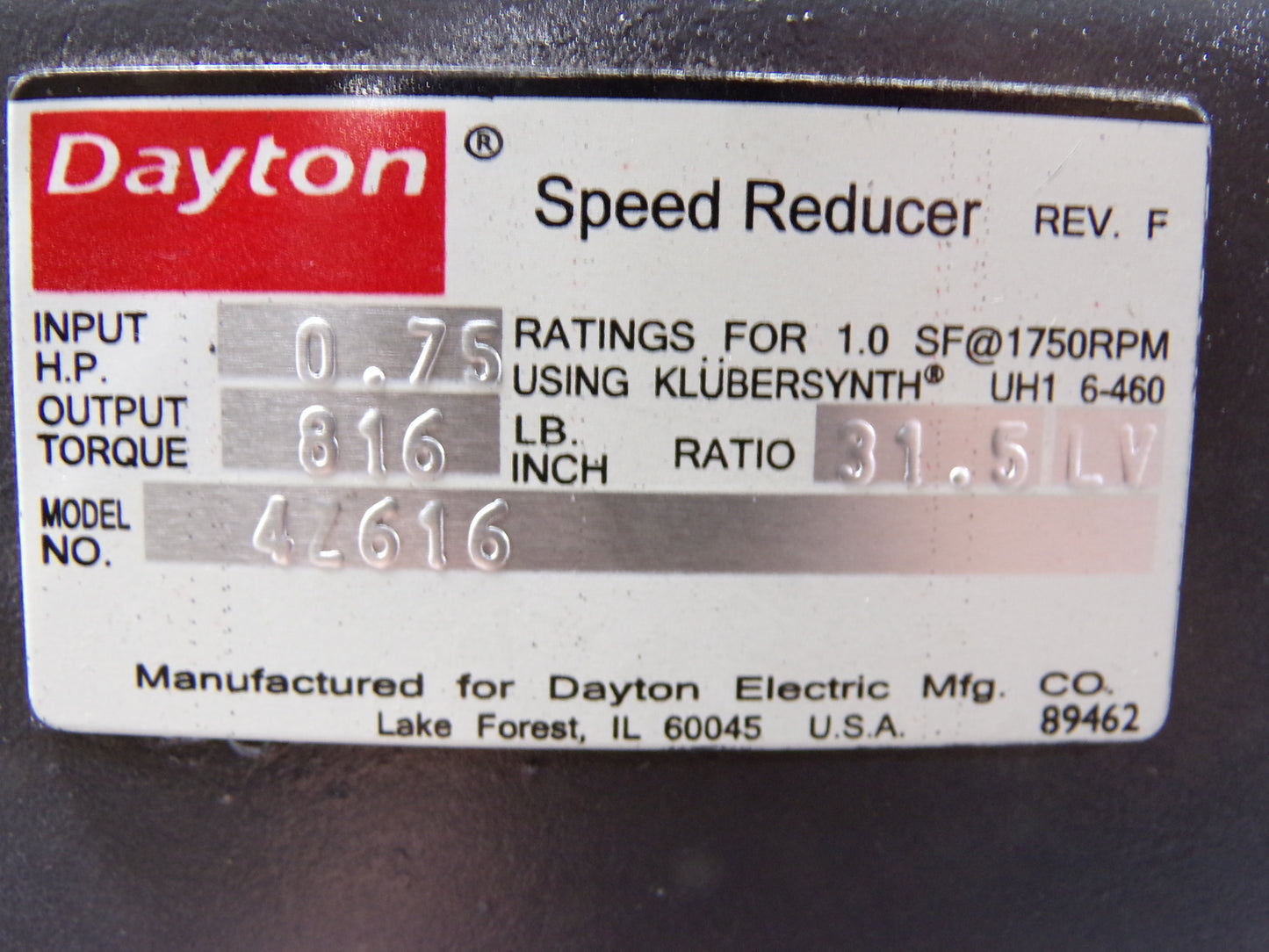 DAYTON Speed Reducer: 56 Nominal Output RPM, 56C, 31:1, 0.75 hp Max. Input HP (CR00590-WTA04)