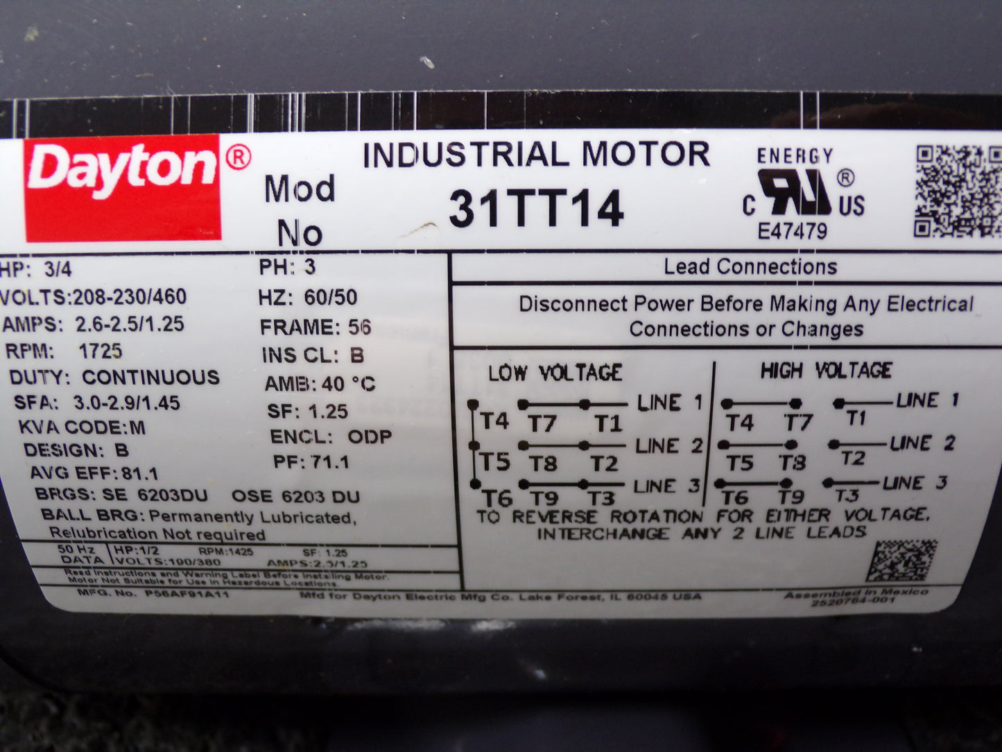 DAYTON General Purpose Motor, 3/4 HP, 3-Phase, Nameplate RPM 1,725, Voltage 208-230/460V AC, 56 Frame (CR00644-WTA16)