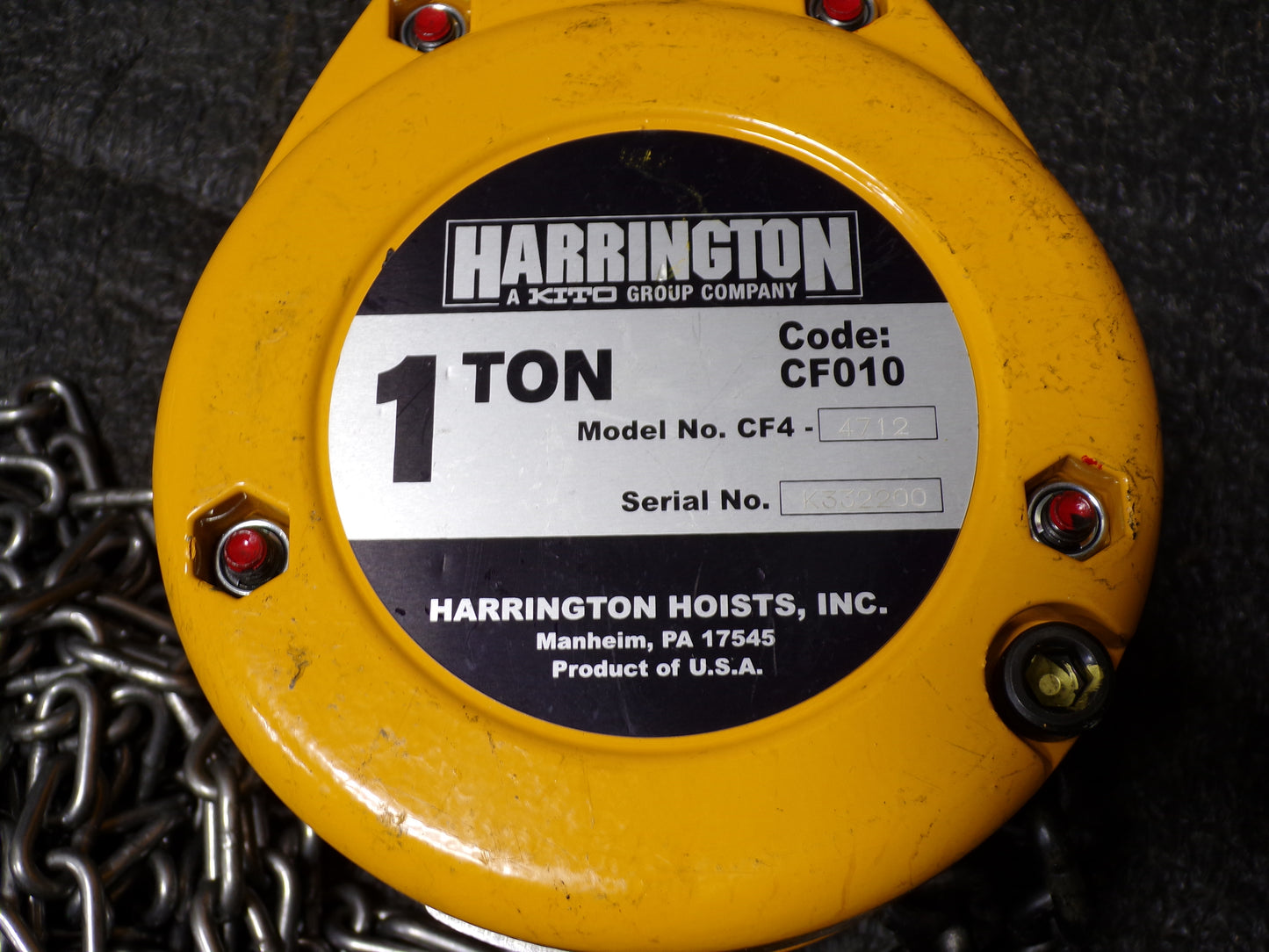 HARRINGTON Manual Chain Hoist, 2,000 lb Load Capacity, 20 ft Hoist Lift, 1 1/4 in Hook Opening (CR00664-WTA17)