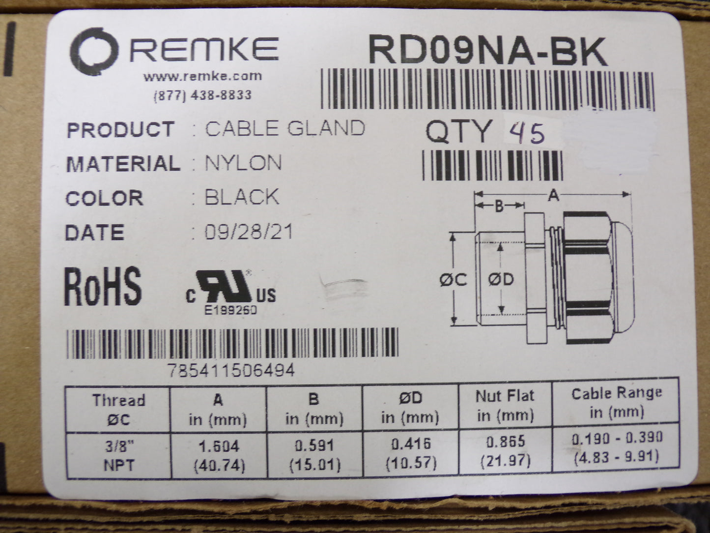 Remke Dome Cap Cable Gland, black, Polyamide, 3/8" NPT, cable range .19 - .39, QTY: 45 (CR00677-WTA18)