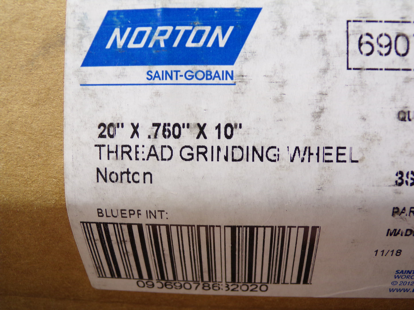 Norton Thread Grinding Wheel, 20" x 3/4" x 10", 1625 Max RPM, QTY: 2 (CR00746-WTA38)